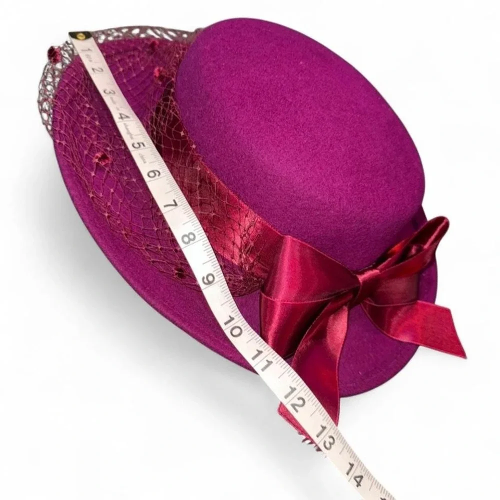 Vintage Ladies‎ Hat Fuscia w/Bow & Netting Wool